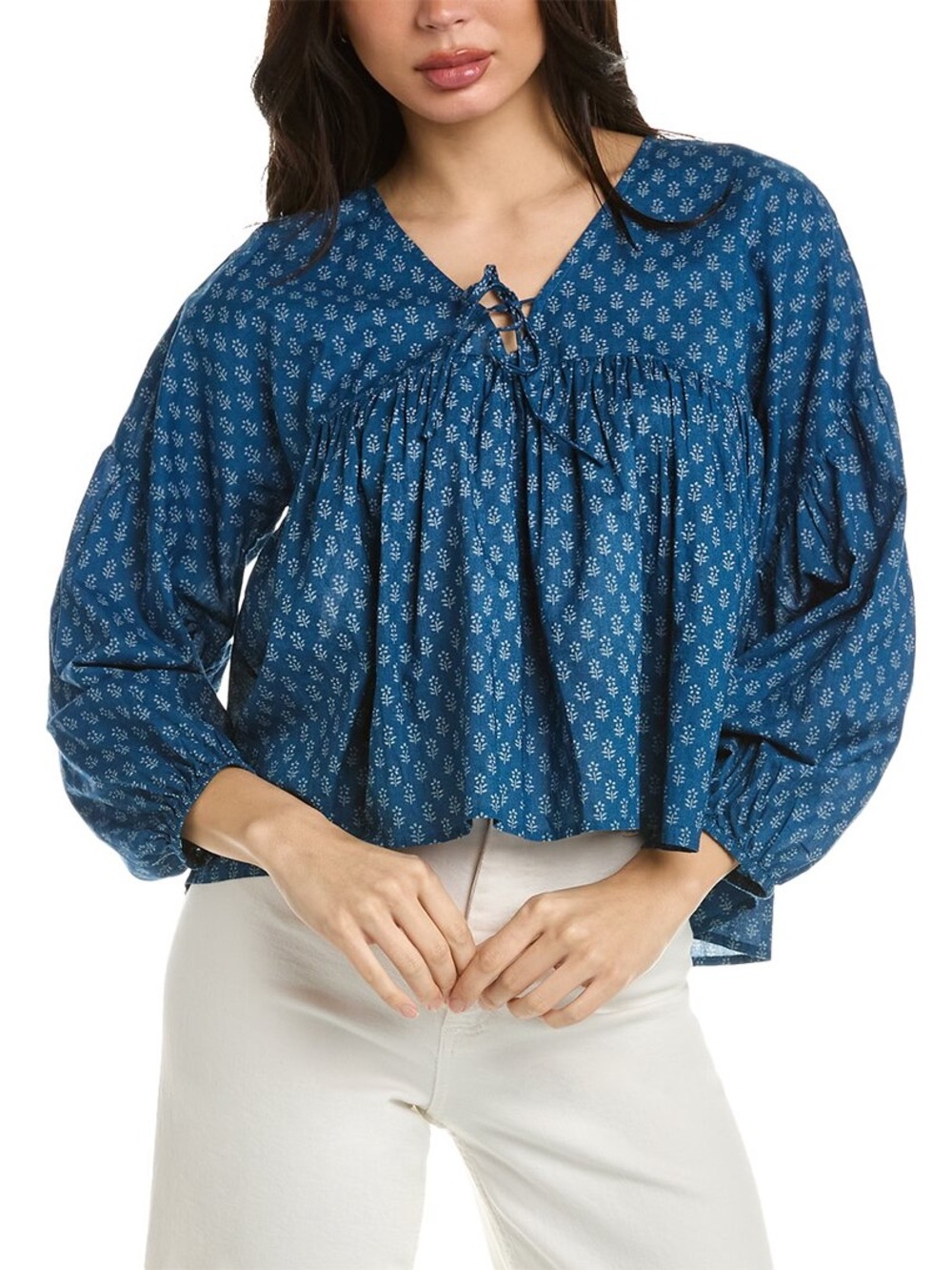 Faherty Lyla Peasant Babydoll Tie Top Balloon Sleeve Blue Floral Hippie Boho S